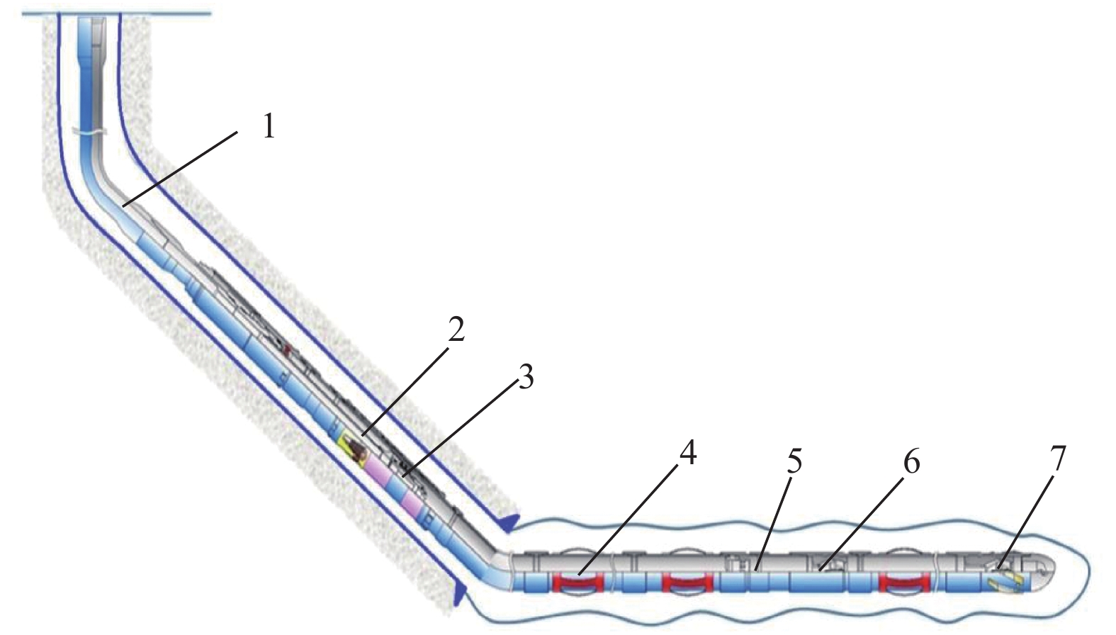 送入鑽具;2. 壓力平衡式尾管懸掛器;3. 球座式膠塞;4.